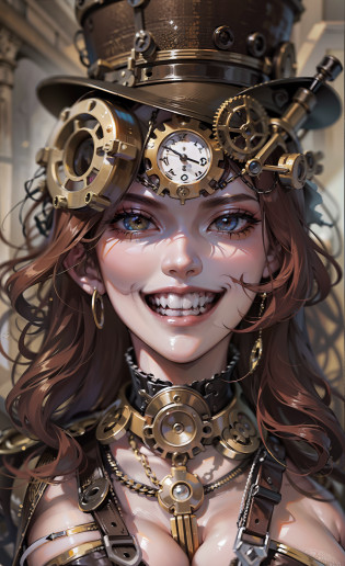 (((steampunk ,sonrisa sensual malvada))), 1 mujer joven sexy, pecho gigantesco, marcado, areola grande marcada, cameltoe marcado, ropa steampunk, pezones marcados,dirigible steampunk, nubes, cabello rayado, cabello negro, reflejo de ojos, maquillaje, boca abierta, sonrisa, alto detalle, gothic art, barroco, desenfoque de movimiento, trazado de rayos, Reflection light, Multiple views, perspectiva, ultra gran angular, obra maestra, Anatomically correct, piel texturizada, Super detail, altos detalles, alta calidad, mejor calidad,  altas, 16k, HD