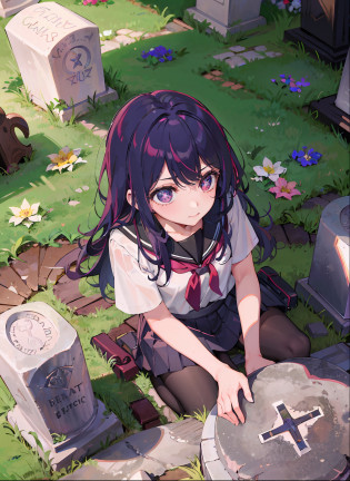 one-girl???There is a five-pointed star in the eye??Gorgeous Hair in Long Purple?grave stones?burial site?nigth?JK school uniform?short� skirt?full bodyesbian?bunch of flowers?rained
