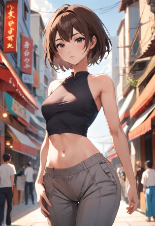 half body wide angle professional photo of a beautiful young slim spanish woman, one slim woman walking in natural pose, ((front left side photo)), (((perfect slim flat tummy showing))), ((brown short hair)), (((grey tight low waist harem pants))), ((groin showing over harem pants waist)), ((white tight halter crop top)), cleavage, power round breast, thigh gap, slim legs, ((sexy slim waist showing)), ((hips showing)), ((belly button showing)), landscape nature background, low depth of field, vanishing point, bright light photo, real casual photography, natural relaxed pose, realistic natural style, centered, symmetrical, knee-shot from below photo, wide angle, nikon Z9 35mm F1.8, by David lazar and joel Santos