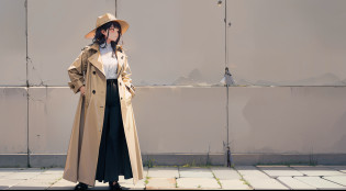 Allafed woman in trench coat and wide pants standing on the wall, dressed with long fluent clothes, casual clothing style, Wearing a duster coat, Long coat, trench coat, simple style, trench coat, material is!!! plum!!!, Wearing a trench coat, coat pleats, Wearing a trench coat, Wearing a long trench coat in beige