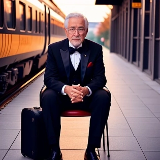 an elderly man is sitting at the train station, dressed in a black tuxedo and black business trousers, short stubble, straight look, manly face, beautiful face, brown eyes, red hair, smooth nose, thin lips, short hair, muted tones, photography, real, professional, 8k, soft natural lighting, portrait photography, 85 mm lens, magic photography, dramatic lighting, photorealism, excessive detail, intimate portrait composition, bokeh, color correction, cinestill 800T --testp --ar 9:16 --upbeta --,