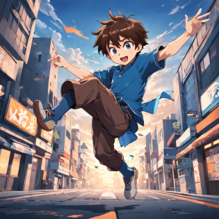 cartoon boy with brown hair and blue shirt jumping in the air, character is flying, 2 d anime style, 2 d cartoon, 2d cartoon, shounen jump, in anime style, in an anime style, cartoon artstyle, animation character, anime style character, [ digital art ]!!,, jump pose, simple cartoon style