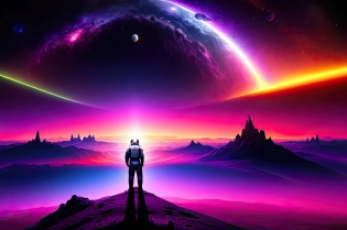 <lora:openjourneyLora_v1:0. 5>| a man in a space suit standing on top of a hill| vibrant realistic| dark neon colored universe| illustation| metal album cover art| dreaming of outer space| interstellar film ( 2 0 1 4 )| digital art| digital painting| volumetric lighting| <lora:duskfallsVaporwave:0. 25>