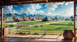 In the Xinjiang grassland, a horse farm for tourists to play, there are rest areas, you can choose horses in the stable, there are outdoor horse fences, for tourists to experience feeding, learn about horse maintenance, there is an open racetrack, there are horse performances, and experience the fun of grassland horse riding