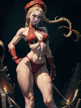 Best Quality, Masterpiece, Ultra High Resolution, rembrandt Lighting, night time, background dark, cammy street fighter, attractive, long blonde braided hair, wearing red army beret hat, sexy singlet vibrant green outfit, wearing red combat gloves, combat boots, leggings, no cleavage, seductive, extra curves, wet skin, petite breasts, white skin, 3/4 shot of adynamic combat pose, big thighs, slim waist, shy, sfw, scantily clad, ripped, revealing outfit, camel toe, flawless masterpiece kawaii, perfect body, perfect face, perfect hands, perfect fingers, sexy pose, PERFECT ANATOMY