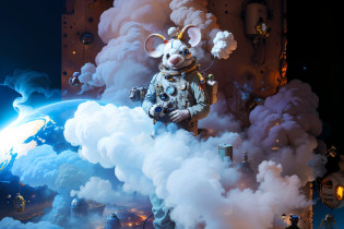 A man in a clown costume billowed smoke, Portrait of a mad scientist in rats, dusty space suit, cyberpunk mouse folk engineer, Anthropomorphic mouse, Smoky atmosphere, Space pressurized suit, author?Jeffrey Smith, Pyro, mickey mouse, cyborg mouse, Atmosphere