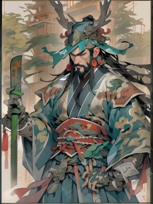 (((China-style?Ink painting method?Half-length portrait?Intense color?Han dynasty, China?Hanfu?Armor?Guan yu?Guan Yunchang?of a guy?Ruddy killing square face?Hold the Blue Dragon Moon Knife in his right hand?Stroke your beard with your left hand?Long hair?petty eyes?Green robe))), (((best qualityer))), (((tmasterpiece))), (((AS-Adult))), ((( Japanese ))), Look up from your knees, Handsome Asian samurai?perfect body figure, Modern samurai, ((( Asian))), Wear gloves on your hands?The left arm is made of steel and metal tips?Made of protective devices, The eyes are pulled, (( Appears below the chest )), (( Small dental floss )), Simon Bisley, Almost naked?Simon Bisley?Castle City Wilderness?For high-resolution posters, hair straight, Minimum clothing, armure (Crazy clothes ), Full of tips and rivets, tribal tattoos, (((full bodyesbian))), Straight brunette hair?Colored hair ends