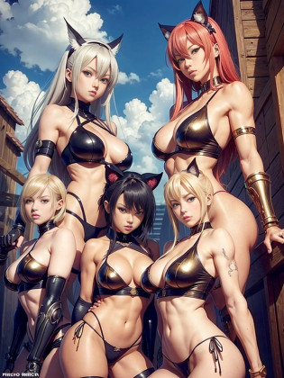 Cartoon photo of a group of women in panties, SFW version, muscular! fantasy, anime cover,, doujin, ecchi, ikki tousen, anime maid riding early tank, lewd, ecchi anime style, biomechanical, gold band around breasts, ecchi style, manga cover