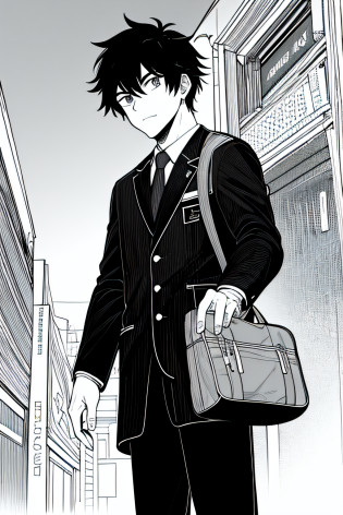 Masterpiece, Best Quality, 1man, Uniform, Hand Pocket, School Bag, Brunetette, Black Eye, Cyberpunk, Street, Monochrome, Line Drawing
