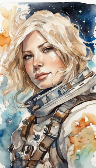 a sticker,Detailed portrait of a beautiful astronaut woman full of hope?Has wavy blonde hair,nier:automata inspired,bravely default inspired,A dynamic but dull but exhilarating cosmic projection,space nebula background,smooth,bold colour,expressionistic