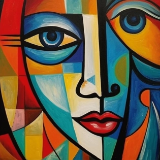 woman's face, pable picasso, cubism, vibrant colors --ar 1:1 --quality 2 --s 750 --v 5. 1