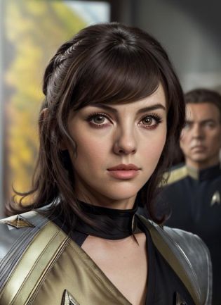 eh1,  a woman as a stark trek character, modelshoot style, (extremely detailed CG unity 8k wallpaper), photo of the most beautiful artwork in the world, professional majestic oil painting by Ed Blinkey, Atey Ghailan, Studio Ghibli, by Jeremy Mann, Greg Manchess, Antonio Moro, trending on ArtStation, trending on CGSociety, Intricate, High Detail, Sharp focus, dramatic, photorealistic painting art by midjourney and greg rutkowski, (wearing a tight star trek uniform:1.2),  <lora:ElizabethHurley:1>