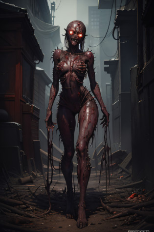 A nightmarish humanoid monster with a face and body that has missing pieces of flesh and covered in boils, rotting flesh and emanating an eldritch horror. It has writhing rusty nails on skin, skeletal details, razorwire ripping flesh, blood, skinny and devoid of skin. masterpiece, 8K full body render, full character render, artstation masterpiece, horror, gore