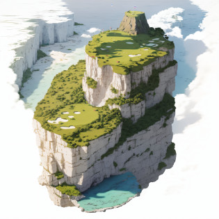 there is a small island with a golf course on it, isometric island in the sky, over a chalk cliff, aerial illustration, cliffside, high cliff, floating mountains, floating and flying island, cliff, an island floating in the air, flying island, floating island in the sky, flying island in the sky, island with cave, floating island
