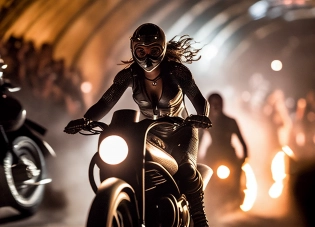 Cinematic ultra-wide still RAW photo of cyber enhanced biker Zzz running her battle bike, she wears black skin tight latex jumpsuit with detailed implants, she leans forward riding a sleek futuristic battle bike, running in a kinetic race in a smoky bike battle arena, a crowd of other cyber bikers chase her, motion blur, cinematic lighting, extreme wide shot, DOF, hyper-realism, hyper-detail, cyberpunk, hyper-futuristic, style by 2000s, shot by the Wachowskis --no mockup, bad anatomy, text, signature, watermark, username, low resolution, worst quality, low quality, jpeg artefacts, blurry, cropped, badly framed --ar 7:5 --c 20 --s 100 --v 4