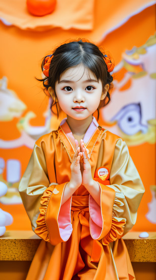 A toddler girl wearing an orange robe?had his hands folded?Face the camera?The background is a temple