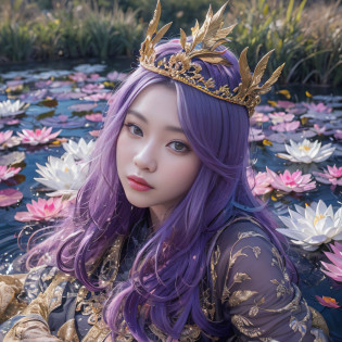 Genki Girl 32K?tmasterpiece?k hd?hyper HD?32K?Long flowing bright purple hair?Autumn Pond?zydink? a color? Asian people ?Genki girl?? ?Silk scarf?? Combat posture? looking at the ground? long whitr hair? Floating bright purple? Fire cloud pattern gold tiara? Chinese long-sleeved gold silk garment? ?Abstract metaverse splash?1.2?? white backgrounid?Lotus vitality protector?realisticlying?1.4??Bright purple hair?Smoke on the road?The background is pure? A high resolution? the detail? RAW photogr? Sharp Re? Nikon D850 Film Stock Photo by Jefferies Lee 4 Kodak Portra 400 Camera F1.6 shots, Rich colors, ultra-realistic vivid textures, Dramatic lighting, Unreal Engine Art Station Trend, cinestir 800?A girl with long flowing bright purple hair