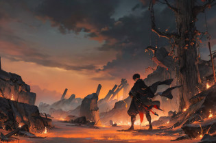 As the dust settled and the realm bathed in the warm glow of victory, Hiroshi found himself standing on the precipice of a new chapter. The battles were won, the shadows banished, and peace restored. But within the depths of his soul, a lingering unease remained.In the quiet solitude of his thoughts, Hiroshi pondered the cost of their triumph. The sacrifices made and the scars borne by all who had journeyed alongside him weighed heavy on his heart. He had witnessed the true face of darkness, and it had left an indelible mark on his spirit.As the days turned into weeks, and the weeks into months, Hiroshi could not shake the feeling that the malevolent cult they had vanquished was merely a symptom of a deeper, more insidious evil. It was as if the black fog that once blanketed the realm had been but a glimpse into the abyss that lay beyond.Visions plagued his dreams, whispers of a forgotten power lurking in the shadows. He saw glimpses of figures draped in darkness, their faces obscured, and heard the echoes of their twisted laughter. It was a tormenting dance with the unknown, fuelling his determination to uncover the truth.Driven by an unyielding sense of justice, Hiroshi embarked on a solitary quest, leaving behind the tranquillity of the restored realm. He traversed vast landscapes, seeking answers from ancient texts and wise hermits, all the while knowing that the answers, he sought lay beyond the realm he had fought so hard to protect.In distant lands, Hiroshi encountered enigmatic sages who spoke of prophecies and forgotten legends. They warned him of an impending darkness, a force far greater than anything they had faced before. The very foundations.ancient Japanese scenery, buddha statues , temples, (mysterious black fog), journey to the west, (dilapidated), (battlefield)), (blood stains),absurdity, realistic lighting, (abyss) masterpiece, high quality, beautiful graphics, high detail, black hair