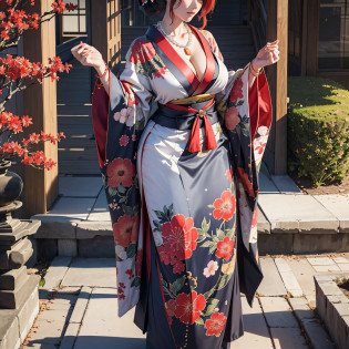 (Cinematic Light, Top Quality, 8K, Masterpiece: 1.3), (World Wonderful, Japan Goddess, Japan Beautiful Girl, Korean Goddess), (Full Body), One Girl, (Necklace, Bracelet, Anklet, Leg Ring), (Huge Breasts, Cleavage, Exposed Breasts, Sexy Cleavage, Very Detailed Breasts), (Colossal), � la Fed Woman in Kimono, Hakama Kimono, Complex Hakama, Hakama, Hakama wide-legged hakama trousers, classic kimono, kimono, Japan kimono, long beautiful flowing kimono, complex geisha kimono, red kimono with floral pattern, Japanese style, wearing kimono, inspired by Kano Hogai, --auto --s2