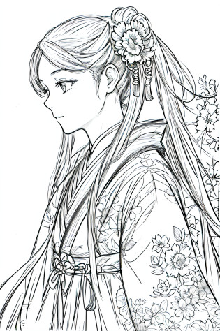 masterpiece, acura, 1girl, solo, hanfu, long hair, profile close-up, flower line drawing background, white background, monochrome, line drawing, ((sketch))