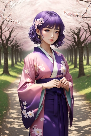 cute and pretty girl with purple hair, light pink eyes, and a flower kimono in a forest of cherry blossom trees, UHD, HDR, 8K, (Masterpiece:1. 5)