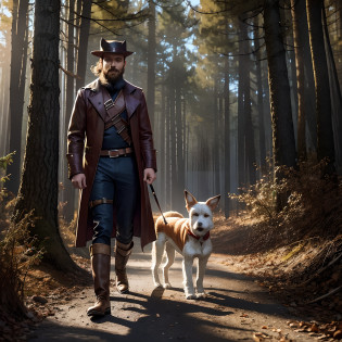 Model
majicMIX horror
man (( solo)) with a beard , Dressed in a hunter's costume, he walks with a dog of the Fox Terrier breed Wire-haired through the forest , The man's boots are visible , The dog's paws and tail are visible , Front light , Very beautiful forest.