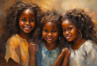 A closeup of three girls, children, wearing ribbons, African, Negroid, African hair, Van Gogh Style, (Heavy Brushstrokes:1.2), Vibrant Colors, (Coarse Impasto:1.3), (Angled Composition:1.1), Dramatic Shadows, ( dramatic lighting:1.2), peaceful atmosphere, serene, (expressive brushstrokes:1.1), (stylized details:1.2), tranquil setting, (dreamy quality:1.3), impressionist, post-impressionist. Beatiful african american girl