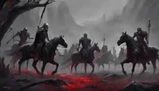 A group of undead knights riding skeleton horses actually walked through the valley towards the audience?Undead?Crusader pitch-black armor?(red�eyes)?Skeleton horses with rotten flesh?fantasy world?medieval times?A dark forest that glows with glows?The ground was covered with bones?horror atmosphere?uncanny?High-precision details?HD?8k?lord of the ring