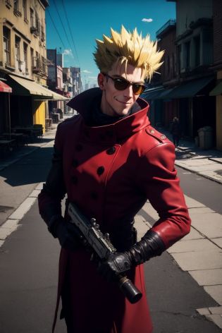 <lora:VashStampede:1>, <lora:LowRA:0.6>, (masterpiece, best quality, ultra-detailed,cinematic scene), extreme detailed,highest detailed, best illumination, 8K,shaded face, ((red coat)), (Vash Stampede), yellow hair, blue eyes glowing, black trousers, yellow eyewear, yellow glasses, circle eyewear, looks at viewer, smirk, sandstorm, deserted city, looks through glasses