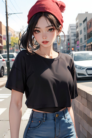 (masterpiece:1.2, best quality), (real picture, intricate details), 1lady, solo, upper body, big tits,
Clothing: oversized t-shirt, ripped jeans or leggings, sneakers or combat boots, Accessories: beanie, statement earrings, Hair: low ponytail, Makeup: minimal with bold lips, Behavior: laid-back, cool, independent, Location: city street, park, coffee shop