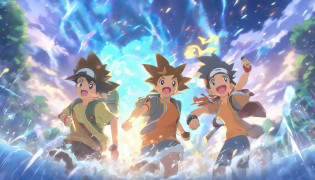 Detailed character art of iconic anime trio Ash, Misty, and Brock from Pokemon, captured in a moment of adventure, in the style of Makoto Shinkai and Kyoto Animation.