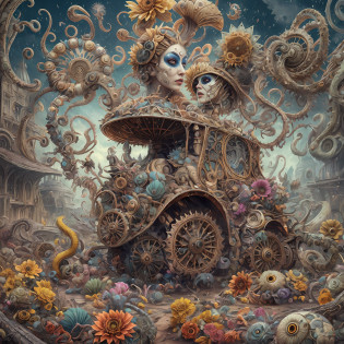 Wantz monster design?intriguing?High color saturation?swirles?Hyper-realistic, Ultra-detailed?Ultra-stereoscopic?MuCoi?Drip style - paint - 1900?tentaculata?round eye?Digital art by Ray Caesar and Hannah Hch and Stephen Burrows, A beautiful young woman in action pose, centered in frame, Wide shot, Lively breasts, Mask, Pop surrealism, neo-dada, Spectacular, spectacle, Masterpiece, Private collection, Featured collections, behans, a 3D render, Cracked clay, Gothic, Bright colors, Supersaturation, Depth, spirals, fibonacci sequence, shells, Flowers, gear wheel, tunnel, surreal environment, Fractal geometry, game assets, City scene, Modern makeup, Long eyelashes, Rain drops, Chiffon dress, Rococo, bangle, Punk rock, Subversive art, Dirty, Dirt, Skiff, Mid-cut jeans, Specular highlights, Pondering, ambient occlusion render, Detailed, Parade Square, ((isoline)), armature, Detailed, elaborate, complex, Desert, Mountains, Cart, The Car, Stormy sky, Moonlight