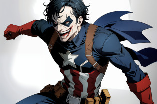 Superhero landing, ,Batman Joker Joker Broma, he is screaming, Jajaja!', joker smile, Fan Art, bromista, horripilante!!, lol, laughing maniacally, risa loca malvada, Joker se parece a Naruto, por Ei-Q, feliz!!!, Jerma985 como el Joker , (Captain America Costume: 1.1), caderas moderadas, pantalones de cuero, mano izquierda apretada, el campo de batalla, cinematography lighting, 8k, mejor calidad, Anatomically correct, altos detalles