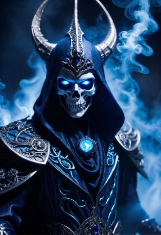 close-up of eldritch lich from side in action pose surrounded by void magic looking at viewer, (intricate details), (****), eldritch, (nightmare), insane, horror \(theme\), glow, glowing eyes, death, bones, blue magic smoke, toxic, glowing eyes, volumetric lighting, unique pose, dynamic pose, dutch angle,
