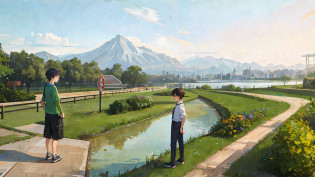 there is a young boy standing on a path with a green shirt, park in background, river in front of him, with a city in the background, with a park in the back ground, with a park in the background, sangyeob park, lake in the background, iphone capture, jinyiwei, moutain in background, town in the background