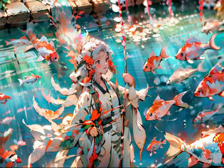 Kizi?long whitr hair?Koi swimming?Real light?Ray traching?oc rendered?Hyper-realistic?best qualtiy?8K?Works of masters