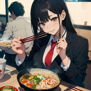 1 beauty, female students, Watery Big Eyes?large full breasts, blazer and tie, (Happy smile)?long eyelasher, Blushlush?Black Perm Hair, At the counter seat of a special ramen shop,A cup of ramen noodles,((Perfectly shaped chopsticks:1.2)), (Skillfully holding chopsticks with right hand:1.4),noodle dish,(Lift the noodles with chopsticks.),((Eat noodles deliciously)),(Eat cleanly), Hang your bangs over your ears with your left hand,Face shot,zoomed?(Bring your face close to the ramen and eat the noodles:1.2),((1 group:1.4))