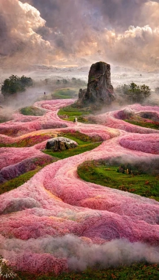 mystery landscape, hills covered by cotton candy, indie pink, in lavender field, icy floor, 3 mouse statues, snow, Ancient, moai, sculpture, mouse form, Garden castle, maze, fairytale, Many flowers, A few roses, clouds, dramatic clouds above, fog, cold weather, wet, dreamy ultra wide shot, atmospheric, hyper realistic, 8k, epic composition, cinematic, octane render, artstation landscape vista photography by Carr Clifton & Galen Rowell, 16K resolution, Landscape veduta photo by Dustin Lefevre & tdraw, 8k resolution, detailed landscape painting by Ivan Shishkin, DeviantArt, Flickr, rendered in Enscape, Miyazaki, Nausicaa Ghibli, Breath of The Wild, 4k detailed post processing, artstation, rendering by octane, unreal engine --iw 10 --ar 9:16 --no blue