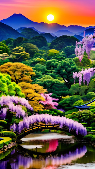 mdjrny-pprct, japanese architecture, Sakura, wisteria, Flower Garden, mountains and rivers, Clouds (high detial: 1.2)?the setting sun?evening glow?morning glow