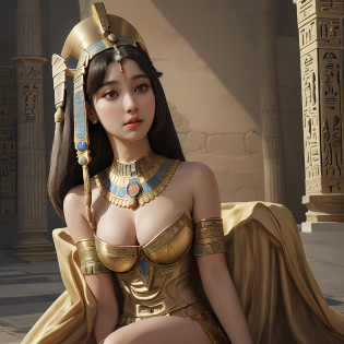 just a beautiful woman sitting on a pedestal, beautiful woman, tight body shape, ancient egyptian hairstyle, ancient egyptian royal princess dress with royal accessories, ancient egyptian atmosphere, high quality image, cleavage, round bust, royal egyptian palace setting, detail smooth skin, eye detail, lip detail, realistic, slightly dark lighting, professional photo, 8k, masterpiece