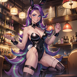 Starlight Glimmer, Starlight Glimmer from My Little Pony, Starlight Glimmer as Girl, Long Hair, Luxurious Hair, Lush Hair, Evil grin, Fight, Fighting stance, In a bar, Full body visible, Big Breasts, Bulky Breasts, Lush Breasts, Playboy bunny, bunny tail, bunny suit, bunny ears, leotard