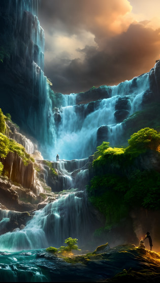 Waterfall in the middle of the forest with man standing on rocks, huge waterfall, stunning waterfall, Alien Falls, floating waterfalls, an endless waterfall, beautiful stunning waterfall, huge waterfall, amazing wallpapers, breathtaking fantasy art, impressive fantasy landscape, high waterfall, stunning digital painting, Waterfall background, huge waterfall, Waterfall Wall, Waterfall of the ancient monument, beautiful wallpaper