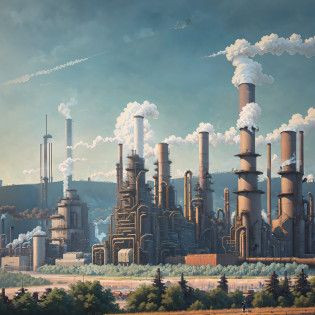there are many smoke stacks in the air near a large factory, chemical plant, industrial complex, industrial factory, industrial plant environment, power plants with smoke, industrial environment, industrial surrounding, factories and nature, industrial setting, industry, factory background, industrialization, industrial background, matte painting of steam machines, industrial, highly detailed scene, steam pipes, industrial pipes