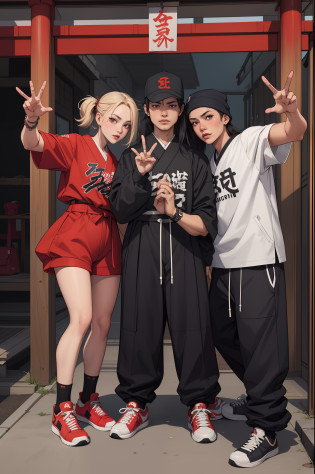 family portraits badass selfies of traditional female japanese geshia gangs females gang members mob syndicates gang baggy sagging trap sumpreme streetwear at a japane shrine raisng hands gang signs ofensive V signs