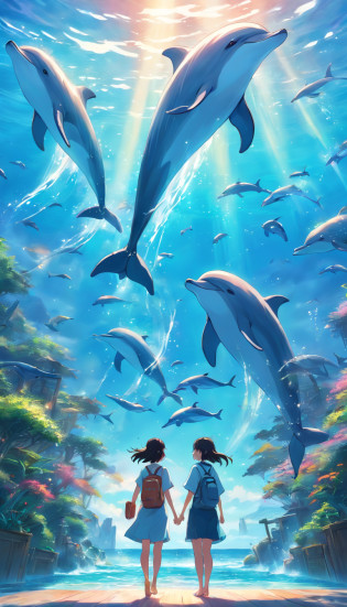 Painting of dolphins swimming in colorful ocean, Look up at the composition, Jellyfish and whales in the sky, inspired by Cyril Rolando, A beautiful artwork illustration, author?Shitao, colorful concept art, Makoto Shinkai Cyrillo Rolando, in the style of Cyril Rolando, flying whale, highly detailed water colour 8k, highly detailed water colour 8 k?octane?the end?Realistic?8K?Estilo de Makoto Shinkai( reasonable design, ?????, High- sharpness,Best quality, Very detailed, Master parts, movie light effect, 4K )
