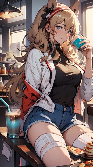 best qualtiy?1.0?????????1.0??Anime shoujo?Long curly blonde hair?blue color eyes?Sit and drink coffee?Background in caf�?
