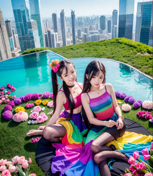 180th floor infinity pool?The tallest building in the urban forest?Around bonsai?Luo Han Song?coconut palms?tulips?Rose flower?Tease alpacas to play?There were five little girls wearing openwork translucent stockings?Pouting and smiling?is shy?Pinch your colorful hair, vivid vivid colors, multicolored clothing, Cut a tattered T-shirt, vibrant color details, Vibrant and dynamic, bright vibrant colors, multicolored clothing, rich and vivid colors, vivid vivid colors, Vivid and vibrant colors, vibrant tones, colorful outfit, colorful fashion, vivd colour, vivid and vibrant