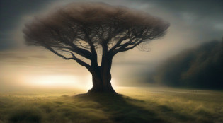 Arafed tree in a misty field with a light shining on it, Arbre fantastique, Strange alien trees, Arbres exotiques, An art of mesmerizing beauty, arbre ancien, Photorealistic Dark Art Concept, Scary forest, odd, odd!, Haunted Forest, Art hautement conceptuel, Beautiful trees that take your breath away, Souffle - Prendre de beaux arbres
