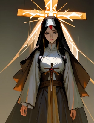 Akihiko Yoshida, Ayami Kojima and Takeshi Obata and Gustav Klimt style fantasy burning nun character concept art, crucified, [a burning beautiful nun crucified on a cross], [fire], [character concept full body portrait], detailed facial close-up, shiny black hair, pale face, portrait, amazingly detailed face, madhouse character face, mature woman, full body portrait, artstation, spectacular detail, volumetric lighting, dramatic lighting, artstation trend