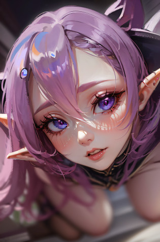(masterpiece:1.4), (best quality:1.4), detailed, an elf girl in transparent Baby-Doll, pink purple orange hair, multi color hair, milf, long frizzy hair, blue eyes, cleavage, legs apart, in a dark room, (no panties), (ahegao:1.3), multi color